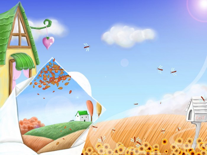 Whimsical illustration of a fantasy landscape with a house and fields