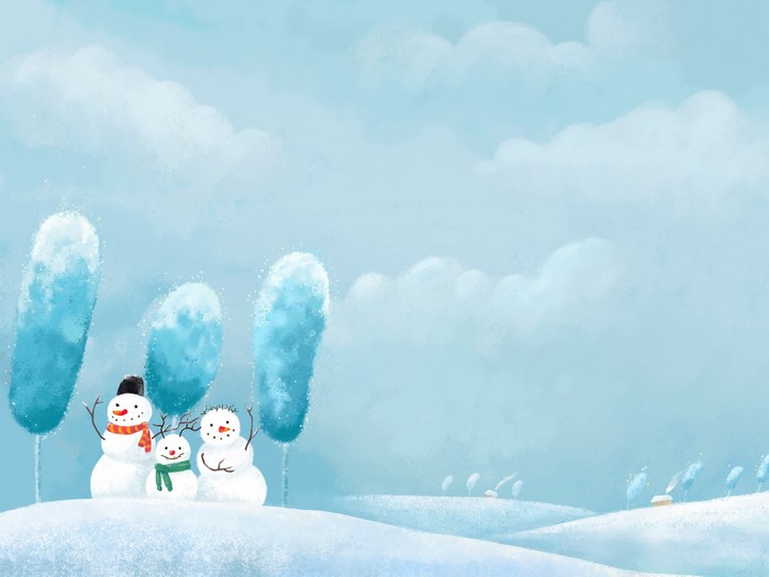 Snowmen in a winter landscape with trees