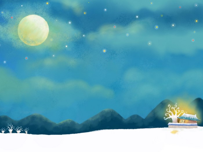 Illustration of a snowy night with a full moon
