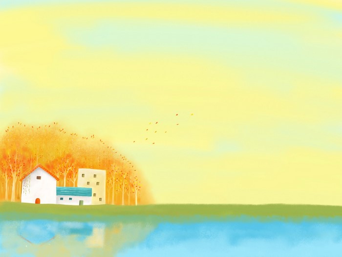 Autumn landscape with houses and reflection