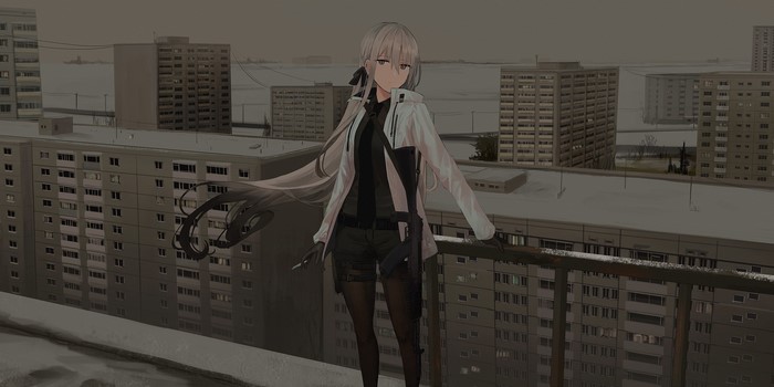 Anime girl with silver hair and machine gun on rooftops