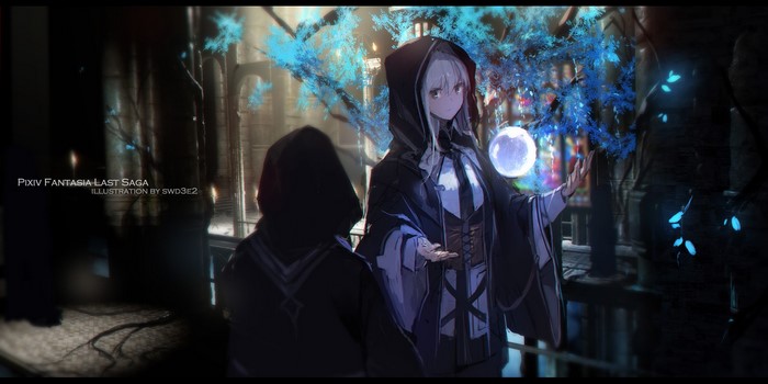 Anime girls with magic orb in fantasy setting