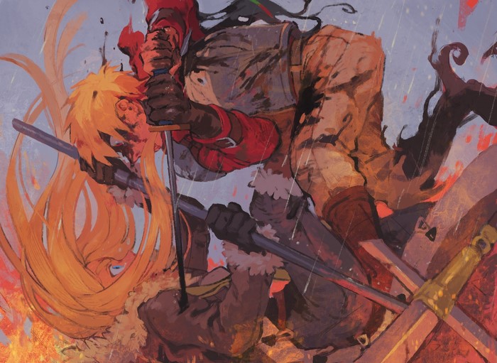 Fantasy art of two characters fighting with swords
