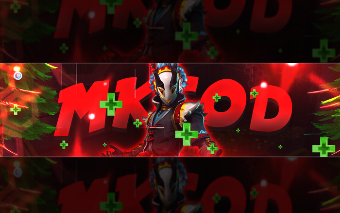 Fortnite character with MKOD text and Christmas trees