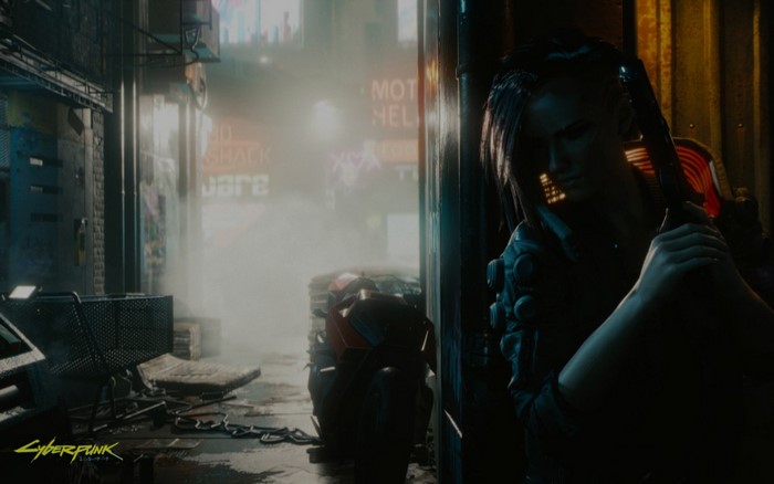 Cyberpunk 2077 character in a neon-lit alley