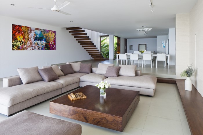 Modern living room with sectional sofa and dining area