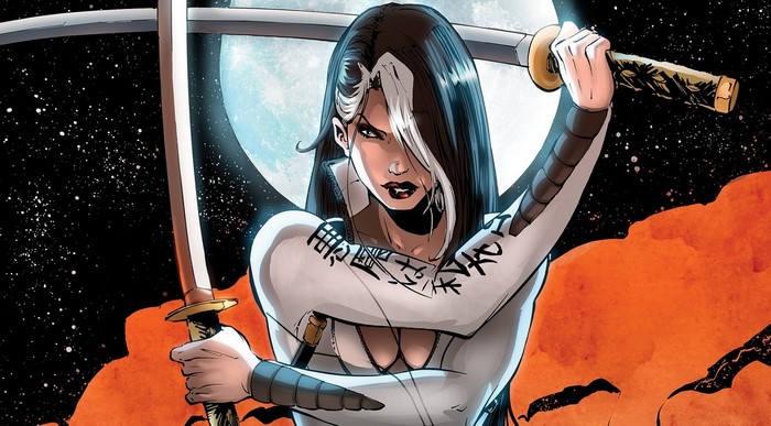 Fantasy girl with swords in space