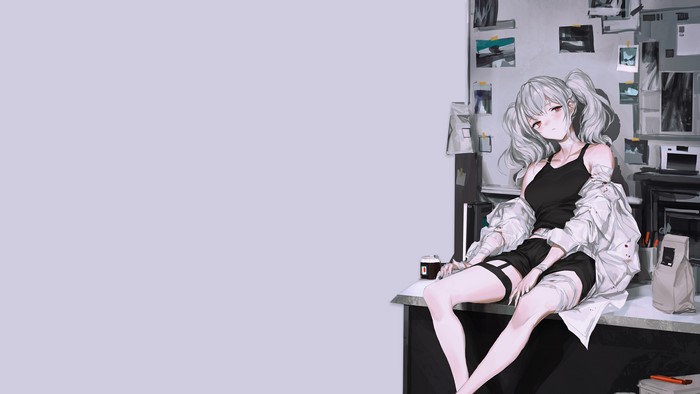 Anime girl with white hair and red eyes sitting at a desk