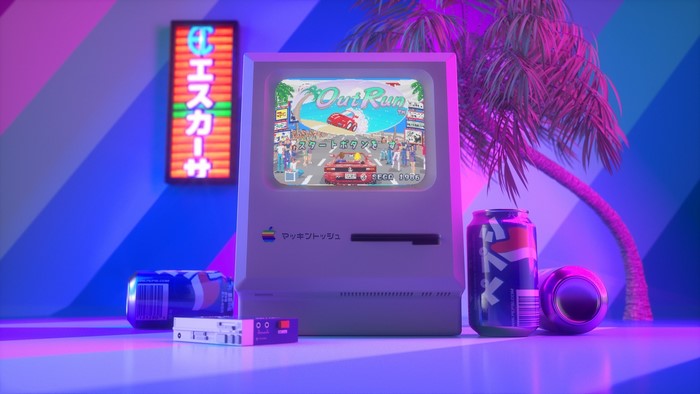 Vintage Macintosh computer playing Out Run