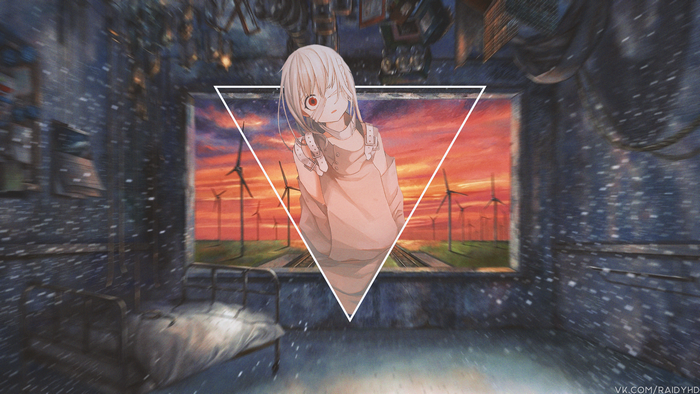Anime girl with eyepatch in front of windmills