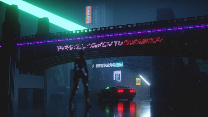 Cyberpunk city with neon signs and a DeLorean