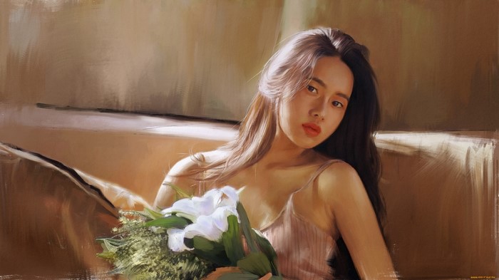 Artwork of an Asian woman holding flowers
