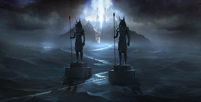 Two Anubis statues in a dark fantasy landscape