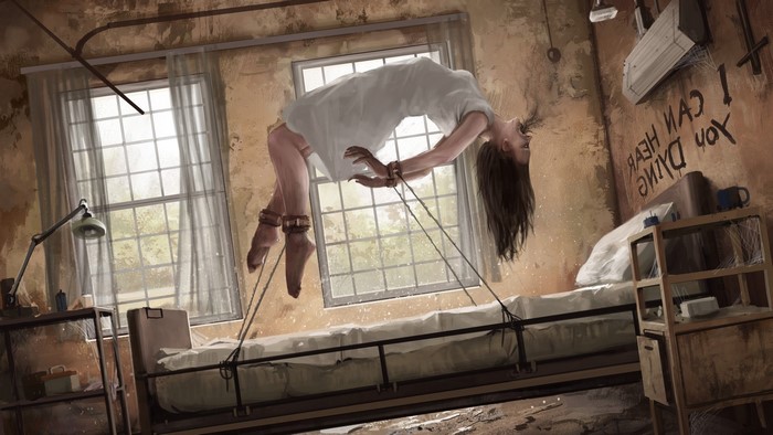 Woman levitating in a room during an exorcism