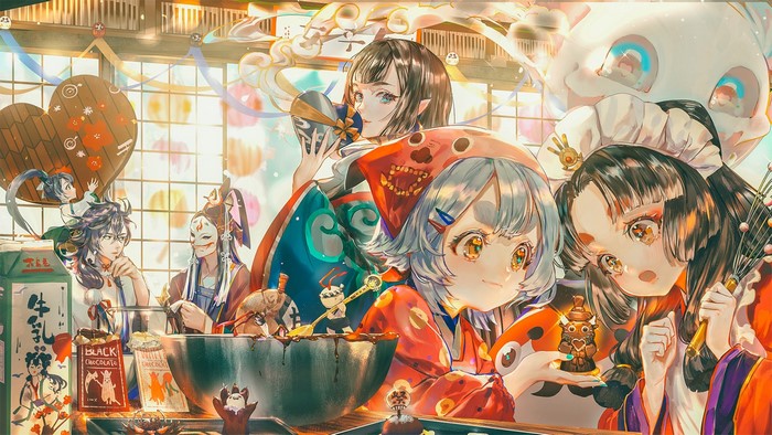 Anime characters making chocolate for Valentine's Day