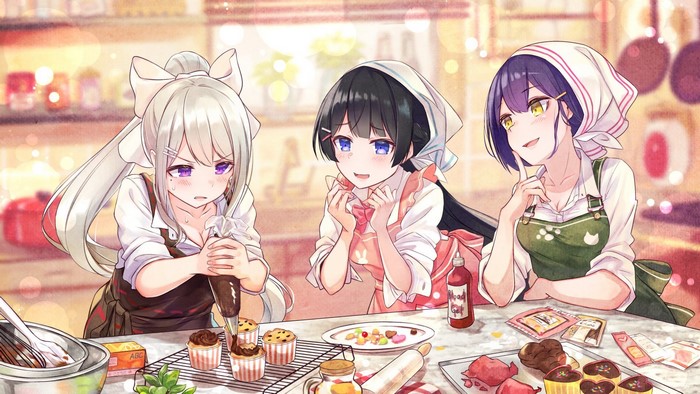 Tsukino Mito, Higuchi Kaede, and Rin Shizuka baking
