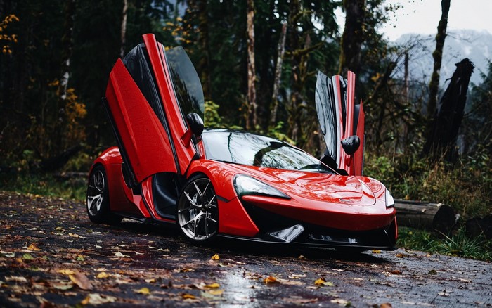 Red McLaren 570S with Scissor Doors in Forest