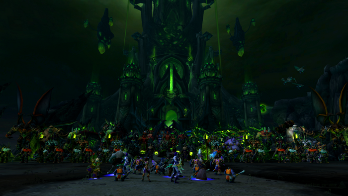 World of Warcraft: Legion characters in front of a dark fortress