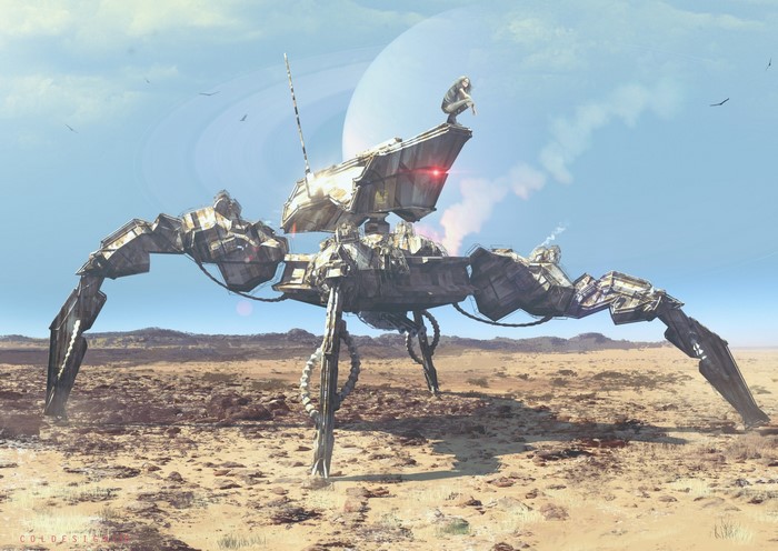 Futuristic mechanical walker in a desert landscape