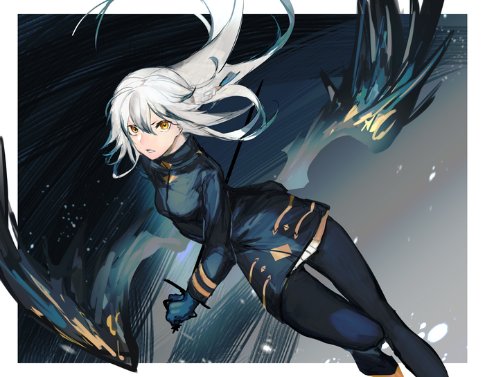 Anime girl with white hair and yellow eyes in dark outfit