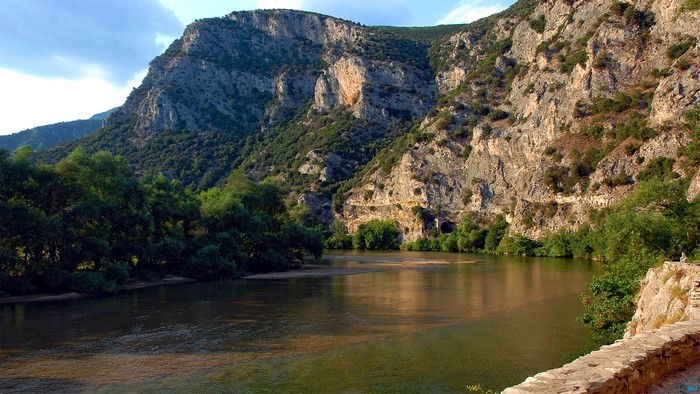 River flowing through a mountain valley with trees