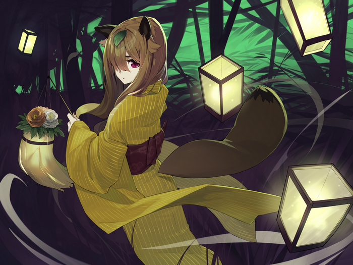 Anime girl in kimono with lanterns in bamboo forest