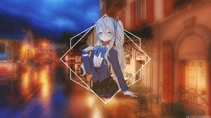 Anime girl in uniform on a European street at night