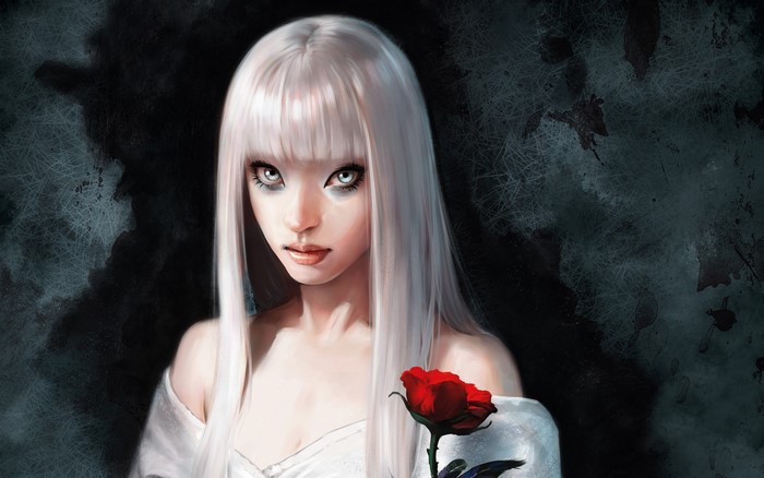 Digital art illustration of a pale woman with white hair holding a red rose