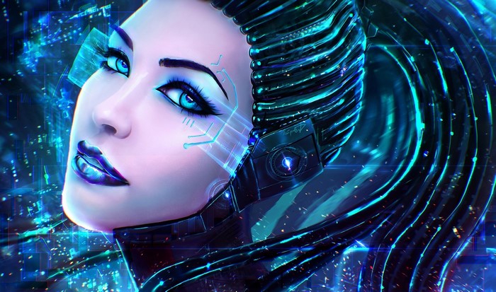 Cyberpunk cyborg woman with blue eyes and futuristic implants