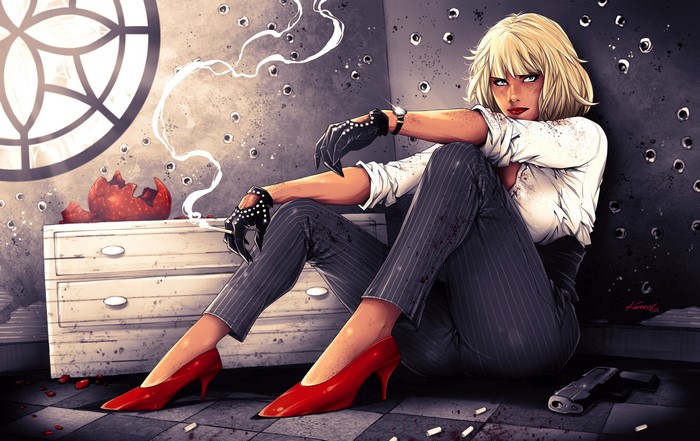 Woman from Atomic Blonde smoking in a bullet-ridden room