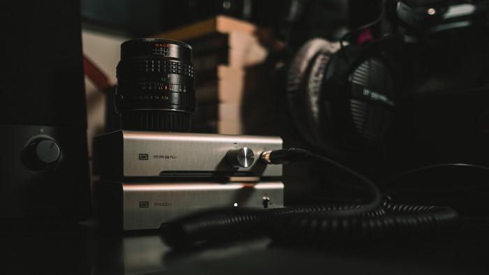 Schiit Magni and Modi headphone amplifiers with camera lens