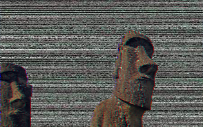 Moai statues with Windows XP glitch art effect
