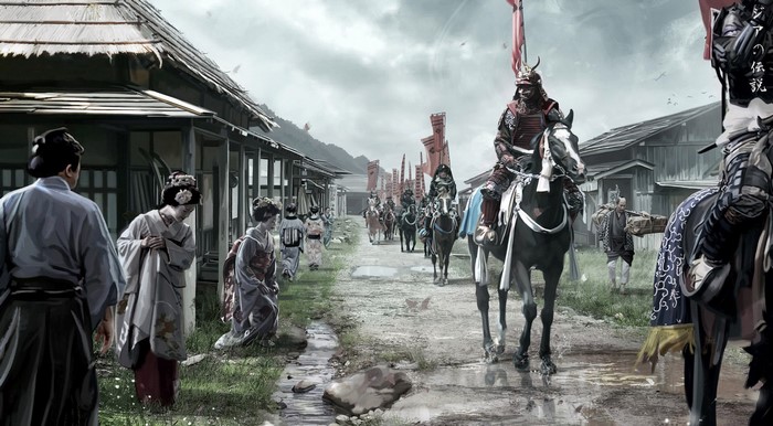 Samurai procession in a Japanese village