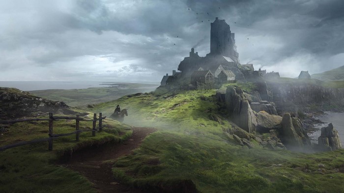 Fantasy landscape with castle and rider