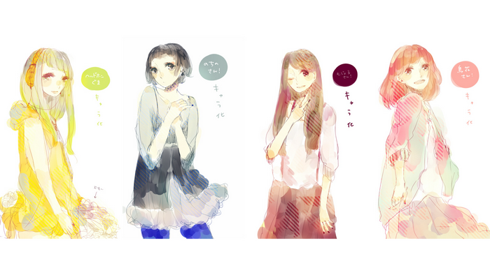 Four anime girls in different outfits and hairstyles