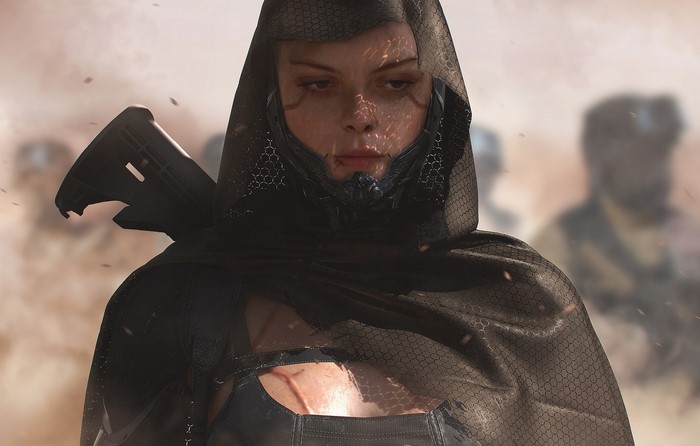 Female soldier with rifle and hood