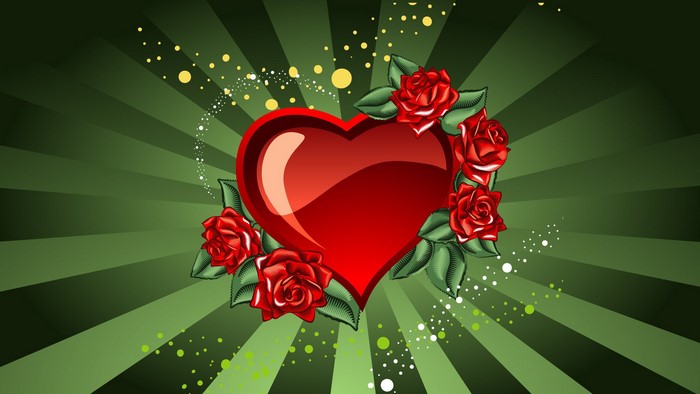Red heart with roses on green sunburst background