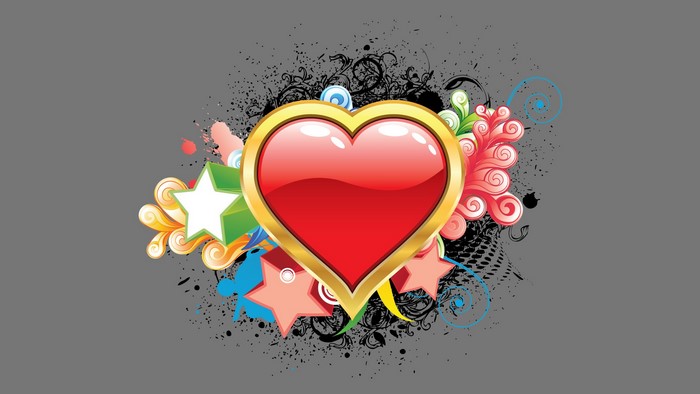 Red heart with golden border and colorful shapes