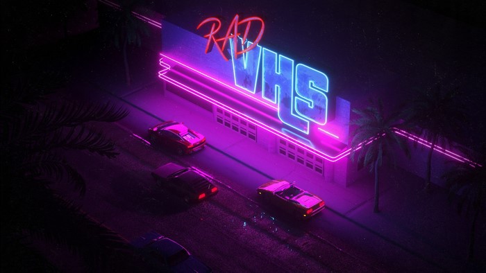 Rad VHS building with neon lights and cars