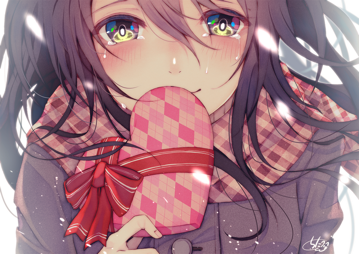 Crying anime girl holding a heart-shaped gift
