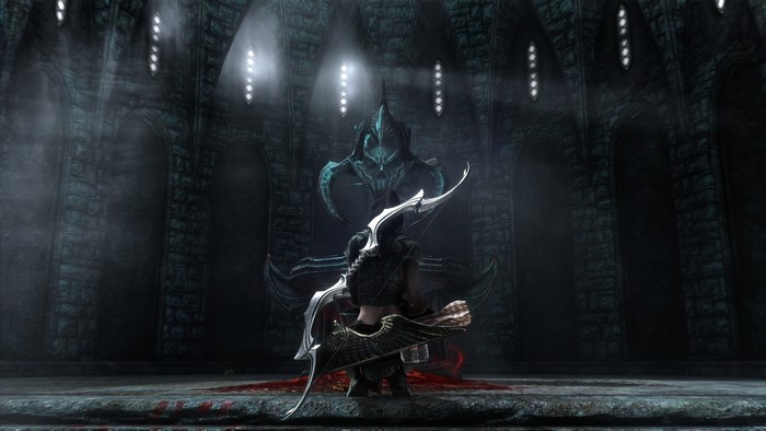 Dragonborn with bow and arrow in Skyrim throne room