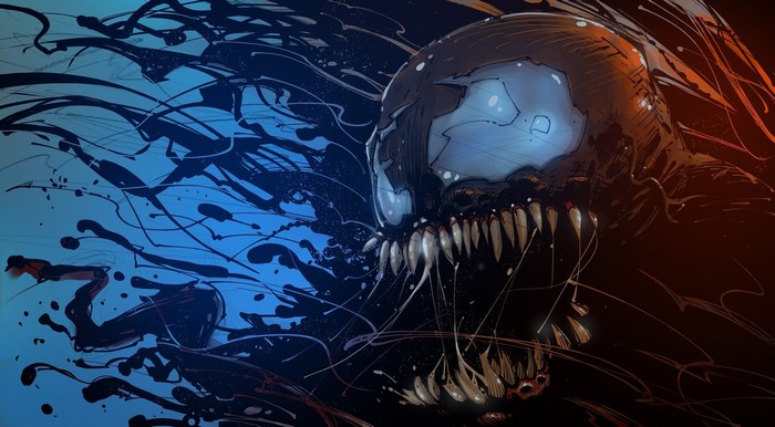 Venom artwork with blue and orange background
