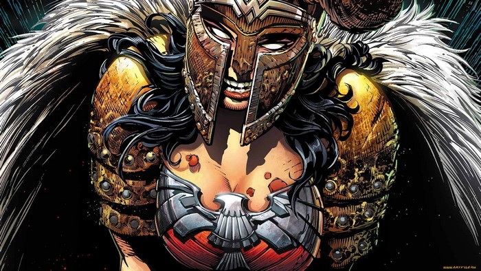 Wonder Woman in ornate armor and helmet