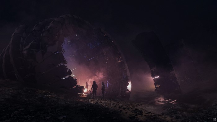 Astronauts explore a massive alien structure at night