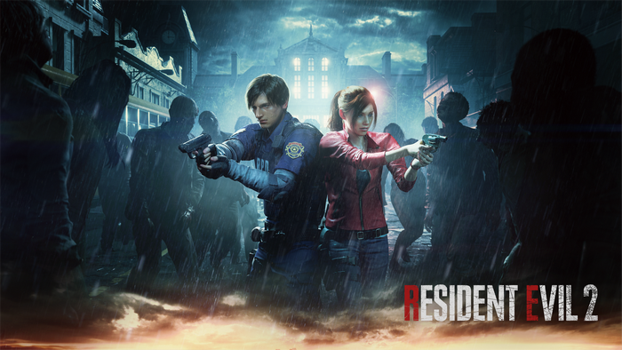 Leon and Claire from Resident Evil 2 surrounded by zombies