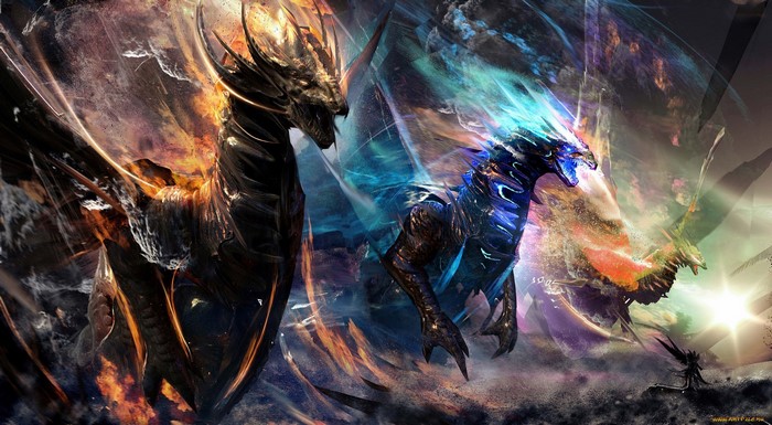Two elemental dragons clashing in a fantasy landscape
