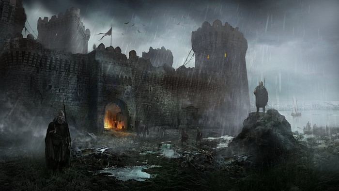 Fantasy castle under heavy rain with guards