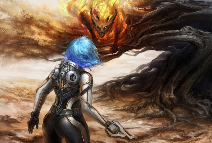 Girl in sci-fi suit facing fiery fox creature
