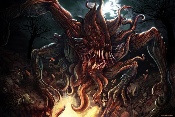 Horror creature with tentacles in a dark forest