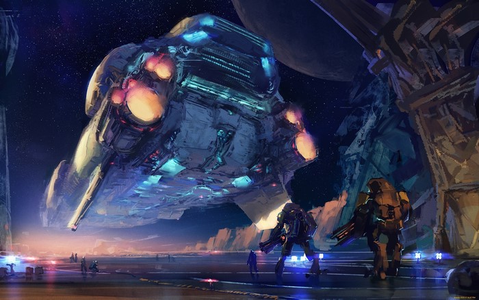 Futuristic spaceship landing with armored figures